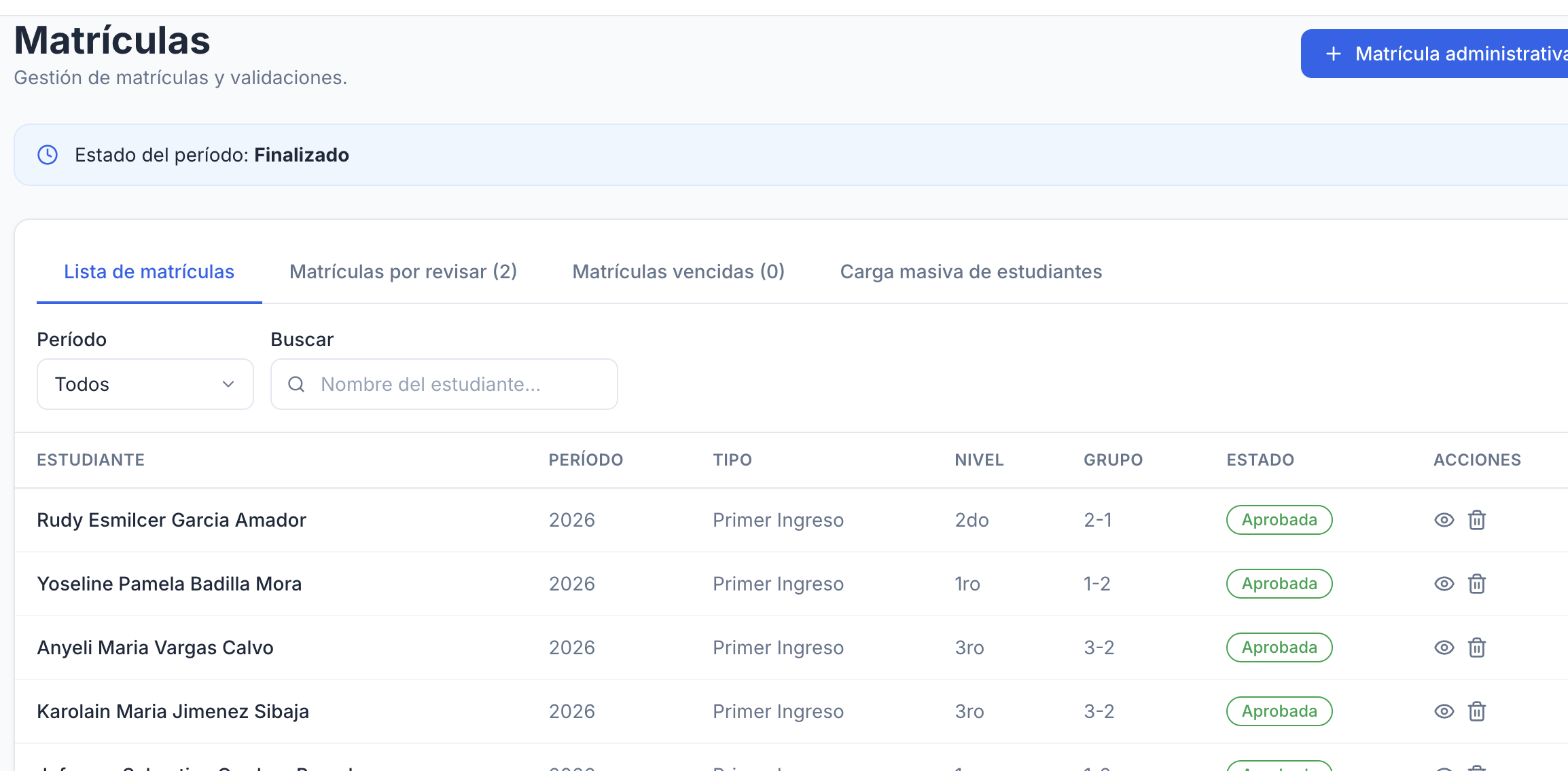 Módulo de matrícula en línea de Luminus Edu